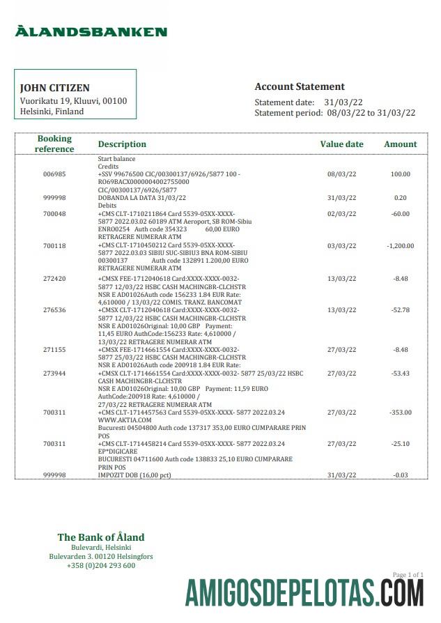 Finland Aland extrato bancário amostra